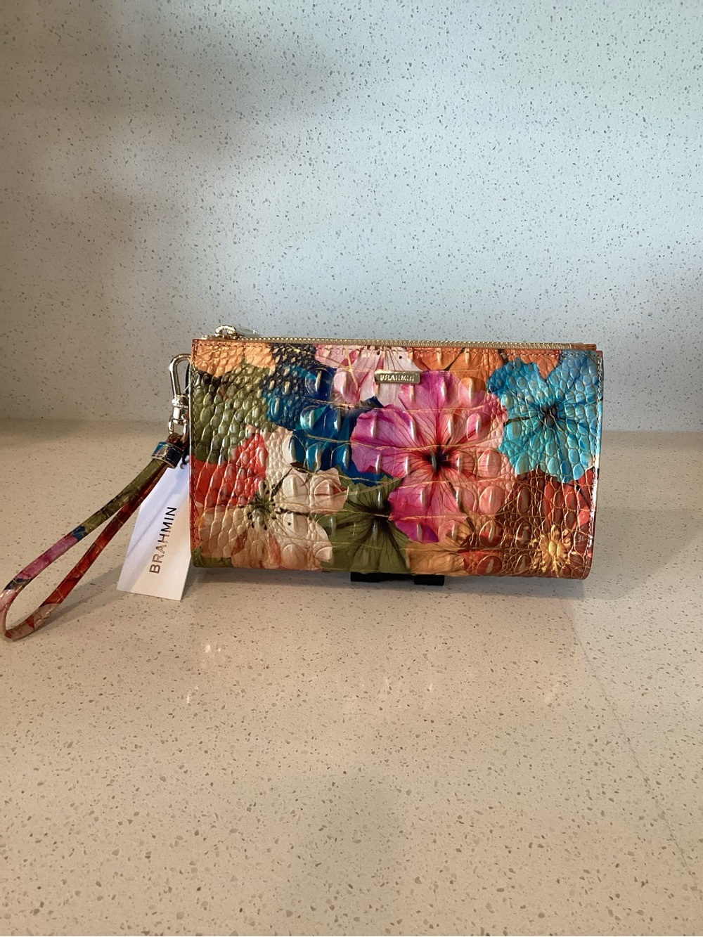 Brahmin Florita Croc-Embossed Floral Leather Wristlet